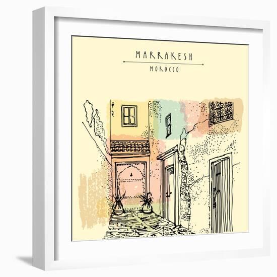 Residential Courtyard in Marrakesh, Morocco, Northern Africa. Exterior in Ethnic Style. Travel Sket-babayuka-Framed Art Print