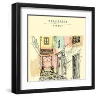 Residential Courtyard in Marrakesh, Morocco, Northern Africa. Exterior in Ethnic Style. Travel Sket-babayuka-Framed Art Print