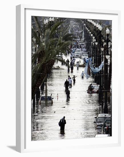 Residents Walk Through Floodwaters on Canal Street-null-Framed Premium Photographic Print