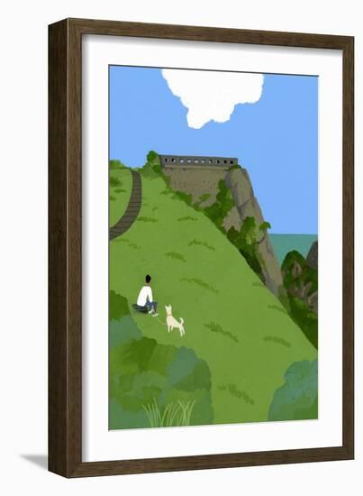 Rest with a dog on a grass hill-Hiroyuki Izutsu-Framed Giclee Print