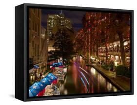 Restaurant Along a River Lit Up at Dusk, San Antonio River, San Antonio, Texas, USA-null-Framed Stretched Canvas