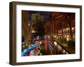 Restaurant Along a River Lit Up at Dusk, San Antonio River, San Antonio, Texas, USA-null-Framed Photographic Print