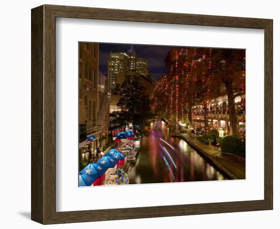 Restaurant Along a River Lit Up at Dusk, San Antonio River, San Antonio, Texas, USA-null-Framed Photographic Print