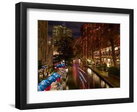 Restaurant Along a River Lit Up at Dusk, San Antonio River, San Antonio, Texas, USA-null-Framed Photographic Print