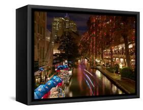 Restaurant Along a River Lit Up at Dusk, San Antonio River, San Antonio, Texas, USA-null-Framed Stretched Canvas