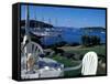 Restaurant at the Bar Harbor Inn and View of the Porcupine Islands, Maine, USA-Jerry & Marcy Monkman-Framed Stretched Canvas