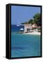 Restaurant at the Beach with Sailing Boat, Bol, Brac Island, Dalmatia, Croatia, Europe-Markus Lange-Framed Stretched Canvas