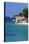 Restaurant at the Beach with Sailing Boat, Bol, Brac Island, Dalmatia, Croatia, Europe-Markus Lange-Stretched Canvas