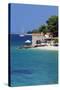 Restaurant at the Beach with Sailing Boat, Bol, Brac Island, Dalmatia, Croatia, Europe-Markus Lange-Stretched Canvas