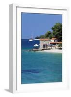 Restaurant at the Beach with Sailing Boat, Bol, Brac Island, Dalmatia, Croatia, Europe-Markus Lange-Framed Photographic Print