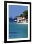 Restaurant at the Beach with Sailing Boat, Bol, Brac Island, Dalmatia, Croatia, Europe-Markus Lange-Framed Photographic Print