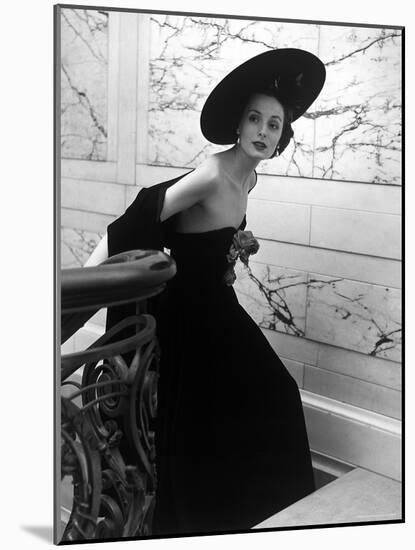 Restaurant Fashions: Cartwheel Hat, Strapless Evening Dress and Stole-Nina Leen-Mounted Photographic Print