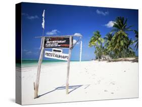 Restaurant Sign on Beach at Jambiani, Island of Zanzibar, Tanzania, East Africa, Africa-Lee Frost-Stretched Canvas