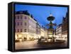 Restaurants and Fountain at Dusk, Armagertorv, Copenhagen, Denmark, Scandinavia, Europe-Frank Fell-Framed Stretched Canvas