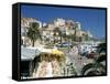 Restaurants in the Old Port with the Citadel in the Background, Calvi, Corsica-Peter Thompson-Framed Stretched Canvas