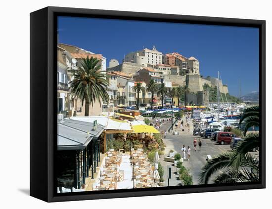 Restaurants in the Old Port with the Citadel in the Background, Calvi, Corsica-Peter Thompson-Framed Stretched Canvas