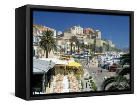 Restaurants in the Old Port with the Citadel in the Background, Calvi, Corsica-Peter Thompson-Framed Stretched Canvas