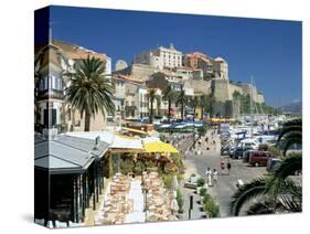 Restaurants in the Old Port with the Citadel in the Background, Calvi, Corsica-Peter Thompson-Stretched Canvas