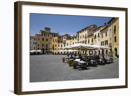 Restaurants in the Piazza Anfiteatro Romano, Lucca, Tuscany, Italy, Europe-Stuart Black-Framed Photographic Print