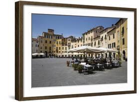 Restaurants in the Piazza Anfiteatro Romano, Lucca, Tuscany, Italy, Europe-Stuart Black-Framed Photographic Print