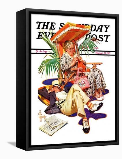 "Retired Couple at Beach," Saturday Evening Post Cover, February 20, 1937-Joseph Christian Leyendecker-Framed Stretched Canvas