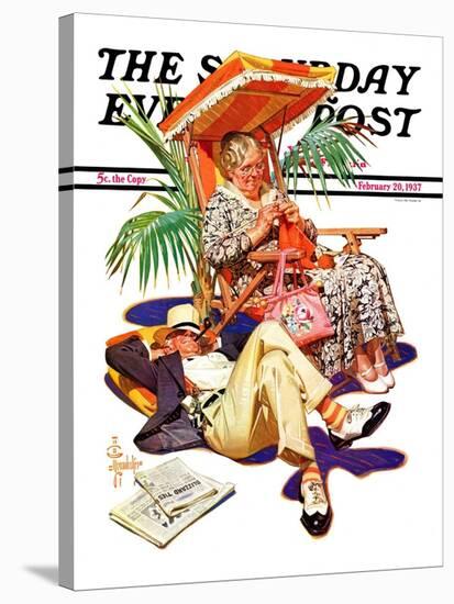 "Retired Couple at Beach," Saturday Evening Post Cover, February 20, 1937-Joseph Christian Leyendecker-Stretched Canvas