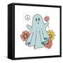 Retro 70S 60S Hippie Groovy Halloween Ghost in Bedsheet Holding Flowers Isolated on White. Flower P-Svetlana Shamshurina-Framed Stretched Canvas