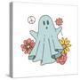 Retro 70S 60S Hippie Groovy Halloween Ghost in Bedsheet Holding Flowers Isolated on White. Flower P-Svetlana Shamshurina-Stretched Canvas