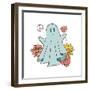 Retro 70S 60S Hippie Groovy Halloween Ghost in Bedsheet Holding Flowers Isolated on White. Flower P-Svetlana Shamshurina-Framed Photographic Print