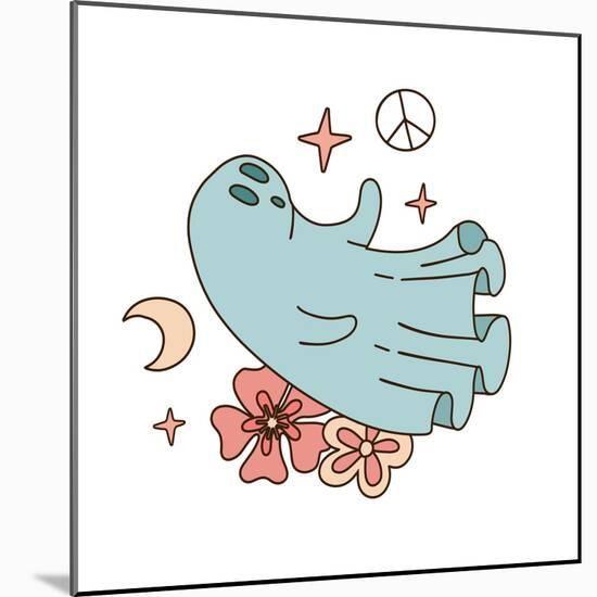 Retro 70S 60S Hippie Groovy Halloween White Sheet Spook Isolated on White. Flying Ghost with Flower-Svetlana Shamshurina-Mounted Photographic Print