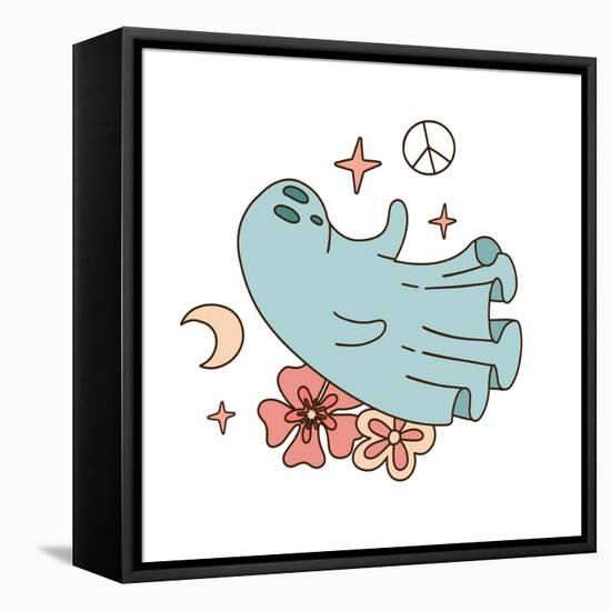 Retro 70S 60S Hippie Groovy Halloween White Sheet Spook Isolated on White. Flying Ghost with Flower-Svetlana Shamshurina-Framed Stretched Canvas