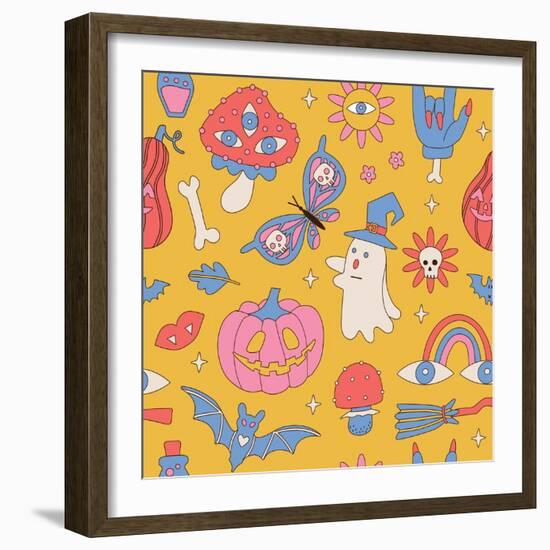 Retro 70S 60S Hippie Halloween Seamless Pattern with Ghost Mushroom Daisy Butterfly Flower Rainbow-Svetlana Shamshurina-Framed Photographic Print