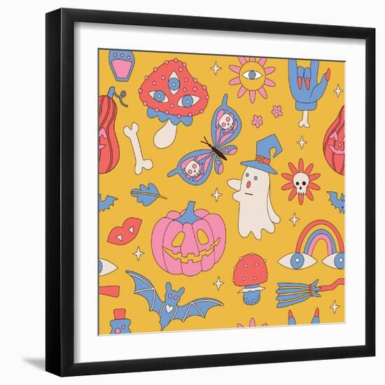 Retro 70S 60S Hippie Halloween Seamless Pattern with Ghost Mushroom Daisy Butterfly Flower Rainbow-Svetlana Shamshurina-Framed Photographic Print