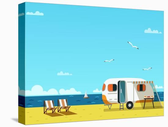 Retro Caravan on the Beach, Summer Vacation, Vector Illustration,Retro Background-Skoreya-Stretched Canvas