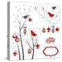 Retro Christmas Card with Two Birds, White Snowflakes, Winter Trees and Baubles-Alisa Foytik-Stretched Canvas