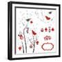 Retro Christmas Card with Two Birds, White Snowflakes, Winter Trees and Baubles-Alisa Foytik-Framed Premium Giclee Print