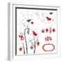 Retro Christmas Card with Two Birds, White Snowflakes, Winter Trees and Baubles-Alisa Foytik-Framed Premium Giclee Print