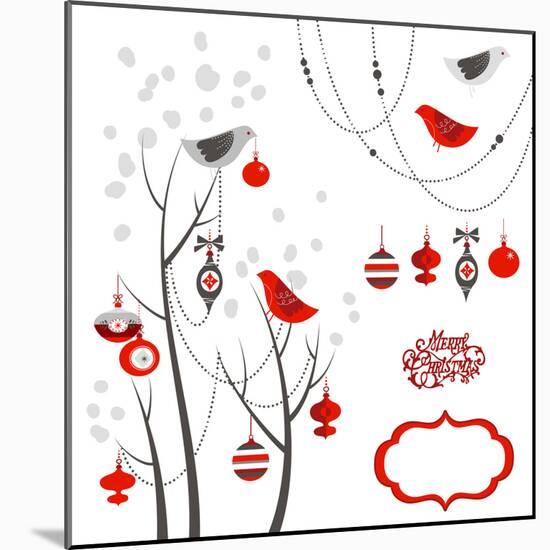 Retro Christmas Card with Two Birds, White Snowflakes, Winter Trees and Baubles-Alisa Foytik-Mounted Premium Giclee Print