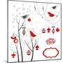Retro Christmas Card with Two Birds, White Snowflakes, Winter Trees and Baubles-Alisa Foytik-Mounted Premium Giclee Print