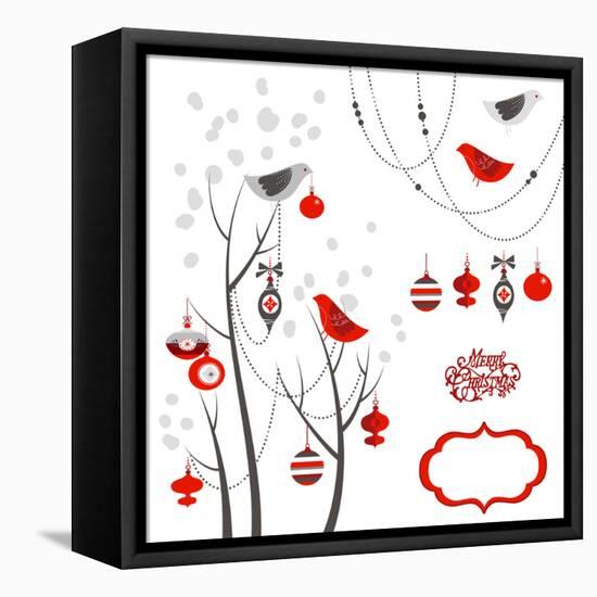 Retro Christmas Card with Two Birds, White Snowflakes, Winter Trees and Baubles-Alisa Foytik-Framed Stretched Canvas