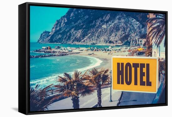Retro Euro Beach Hotel Sign-mrdoomits-Framed Stretched Canvas