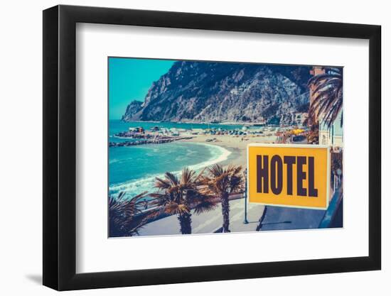 Retro Euro Beach Hotel Sign-mrdoomits-Framed Photographic Print
