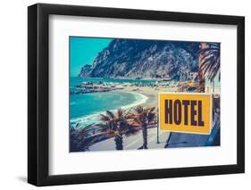 Retro Euro Beach Hotel Sign-mrdoomits-Framed Photographic Print