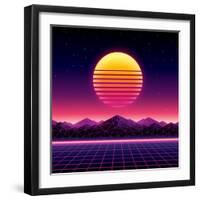 Retro Futuristic Background 1980S Style. Digital Landscape in a Cyber World. Retro Wave Music Album-More Trendy Design here-Framed Art Print