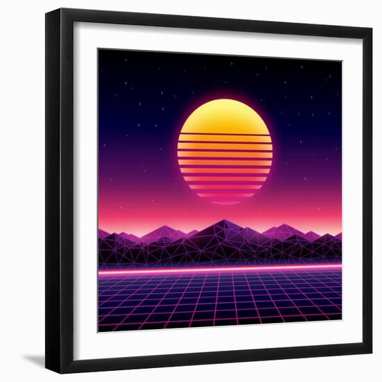 Retro Futuristic Background 1980S Style. Digital Landscape in a Cyber World. Retro Wave Music Album-More Trendy Design here-Framed Art Print