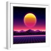 Retro Futuristic Background 1980S Style. Digital Landscape in a Cyber World. Retro Wave Music Album-More Trendy Design here-Framed Art Print