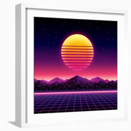 Retro Futuristic Background 1980S Style. Digital Landscape in a Cyber World. Retro Wave Music Album-More Trendy Design here-Framed Art Print