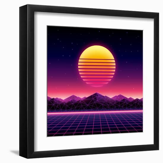 Retro Futuristic Background 1980S Style. Digital Landscape in a Cyber World. Retro Wave Music Album-More Trendy Design here-Framed Art Print