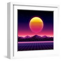 Retro Futuristic Background 1980S Style. Digital Landscape in a Cyber World. Retro Wave Music Album-More Trendy Design here-Framed Art Print