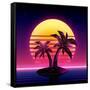 Retro Futuristic Background 1980S Style. Digital Palm Tree on a Cyber Ocean in the Computer World.-More Trendy Design here-Framed Stretched Canvas